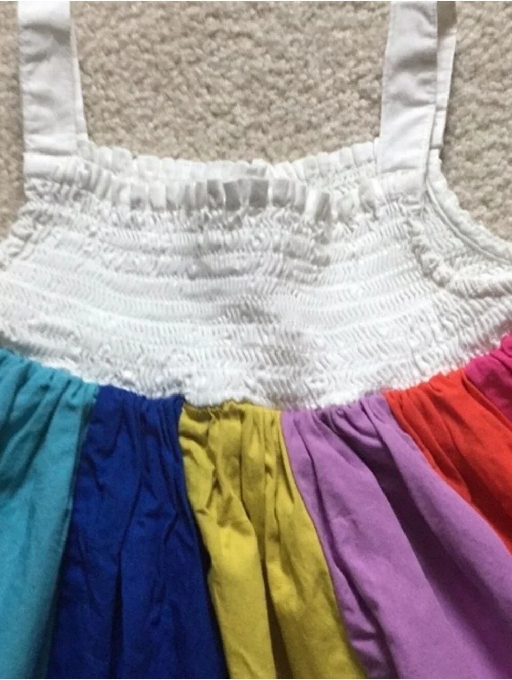 HTF Mini Boden White Smocked Top Rainbow Panel Dress with Daisy Appliqués